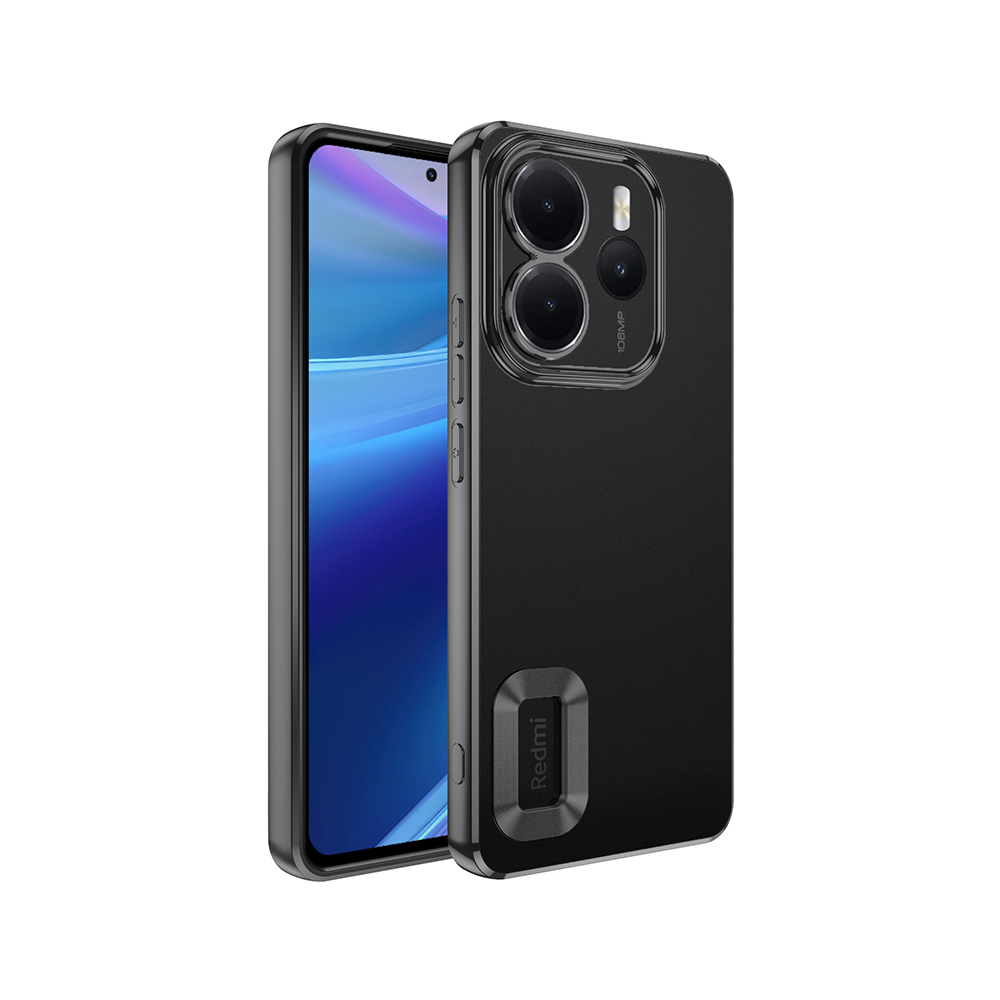 Redmi logolu siyah bir telefon kılıfı. Telefon mavi bir ekran görüntülüyor. Kılıfta kamera açıklıkları ve düğmeler bulunuyor.