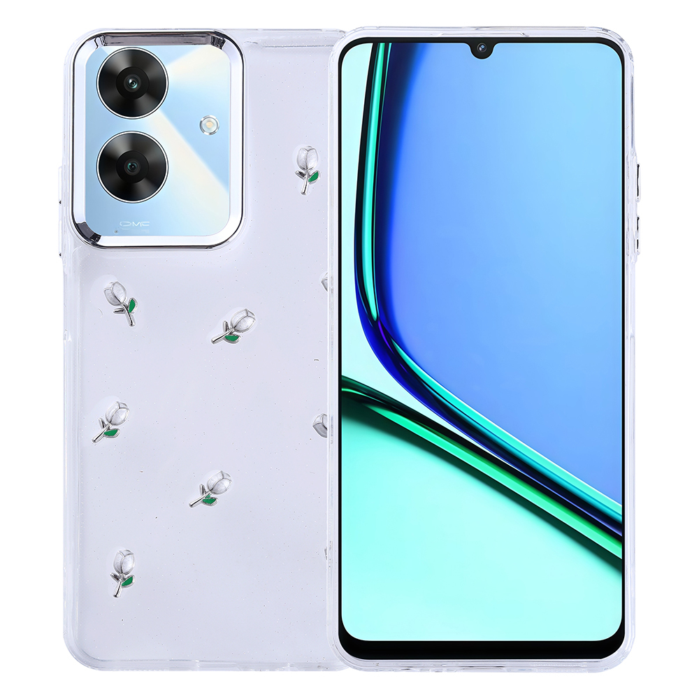 Küçük çiçek desenli şeffaf bir telefon kılıfı. Ekran mavi ve yeşil bir gradyan gösteriyor. Kılıfın kamera kesikleri var.