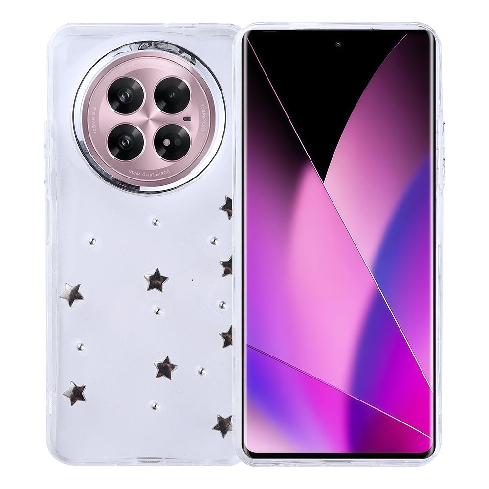 Pembe ve mor ekranlı bir akıllı telefon. Telefon, yıldız şeklinde süslemeleri olan şeffaf bir kılıfa sahip. Kamera belirgin.