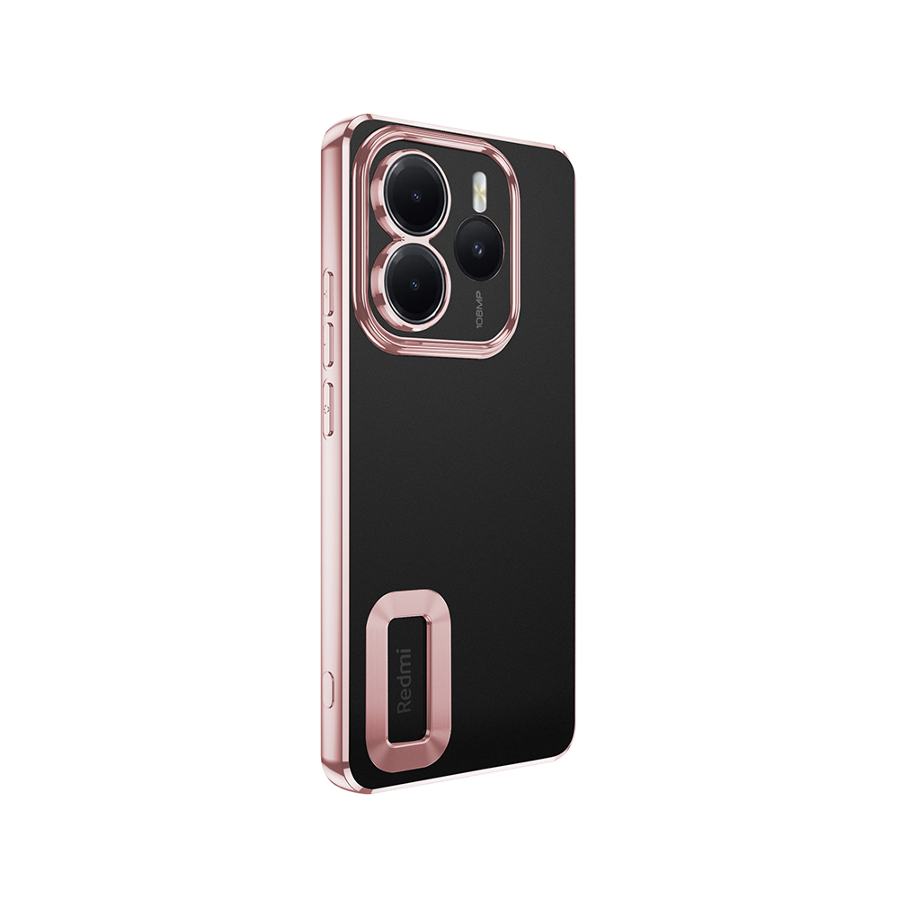 Bir akıllı telefon için siyah ve gül altın renginde bir telefon kılıfı. Kamera kesimi ve Redmi logosu var.