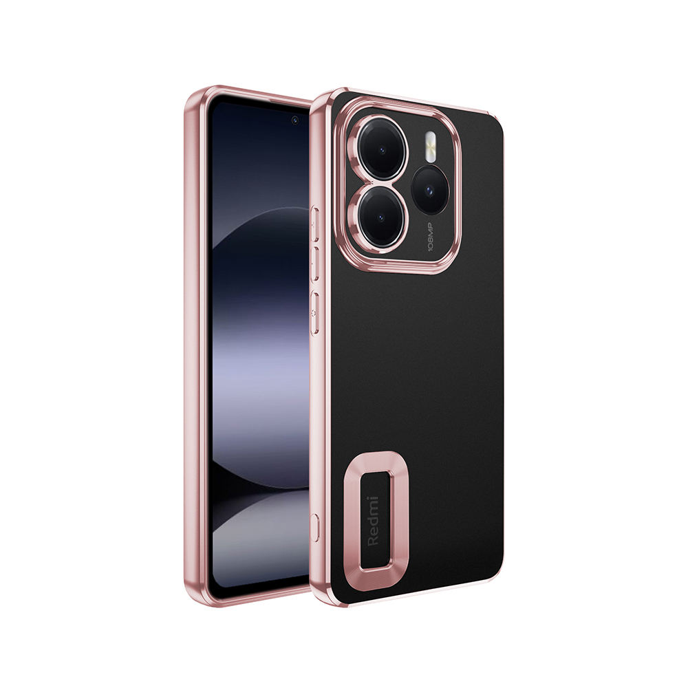 Gül altın rengi kılıf içinde siyah bir Redmi telefon. Telefonun üç kamerası ve bir ekranı var. Kılıf Redmi logosunu taşıyor.