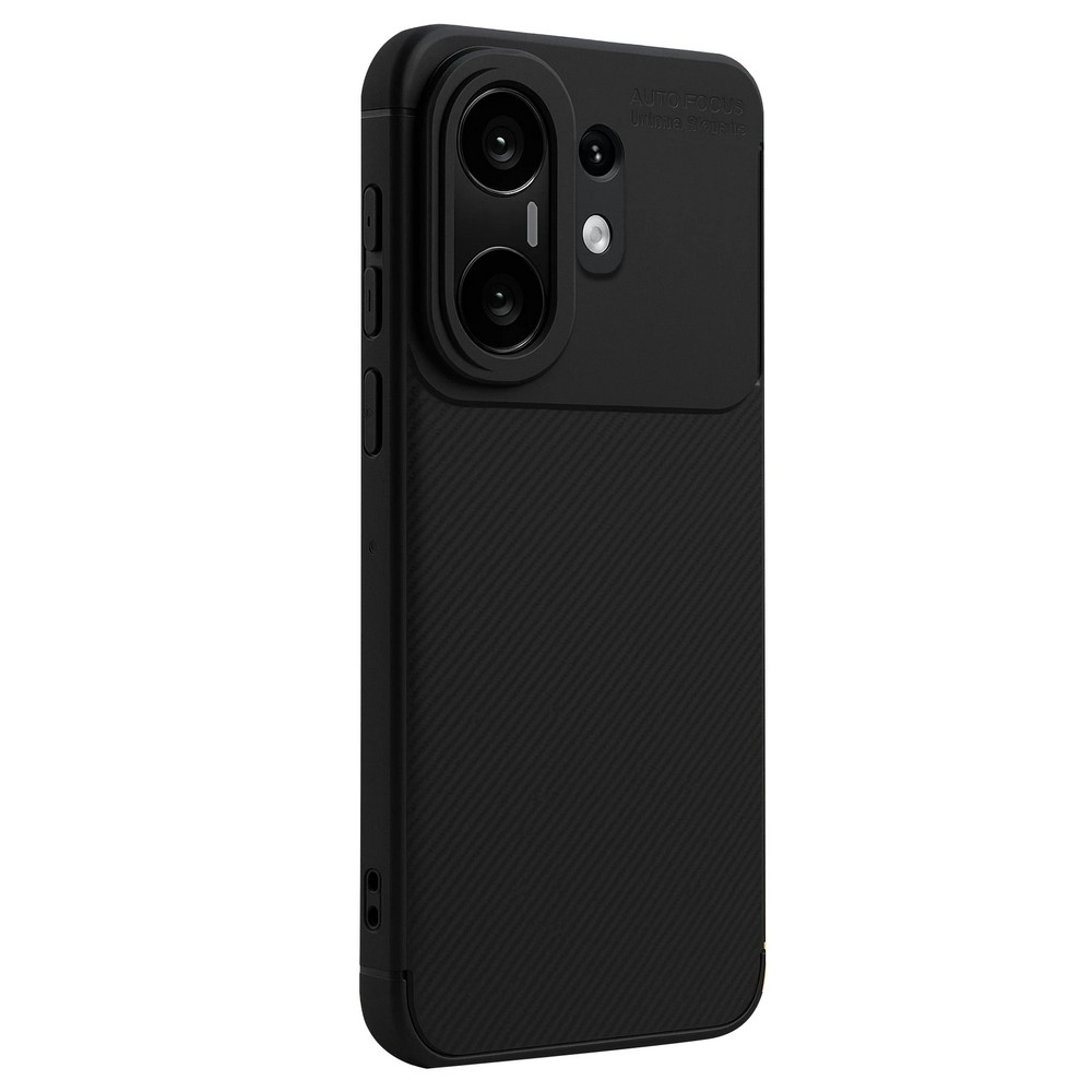 Kamera modüllü siyah telefon kılıfı. Kılıfın dokulu bir deseni var. Kamera modülünde iki lens ve bir flaş bulunuyor.