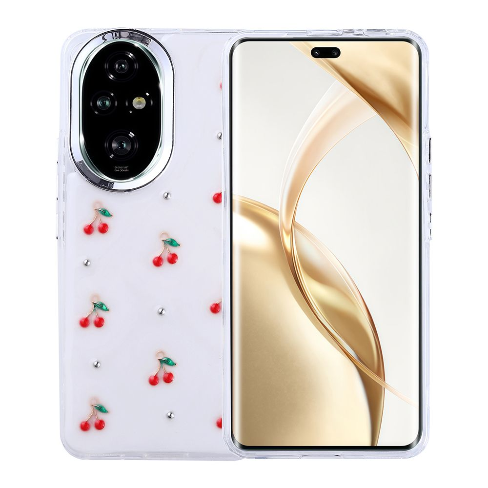 Kiraz desenli telefon kılıfı. Kılıfın şeffaf bir arka kısmı var. Ekranda altın rengi bir tasarım görüntüleniyor.
