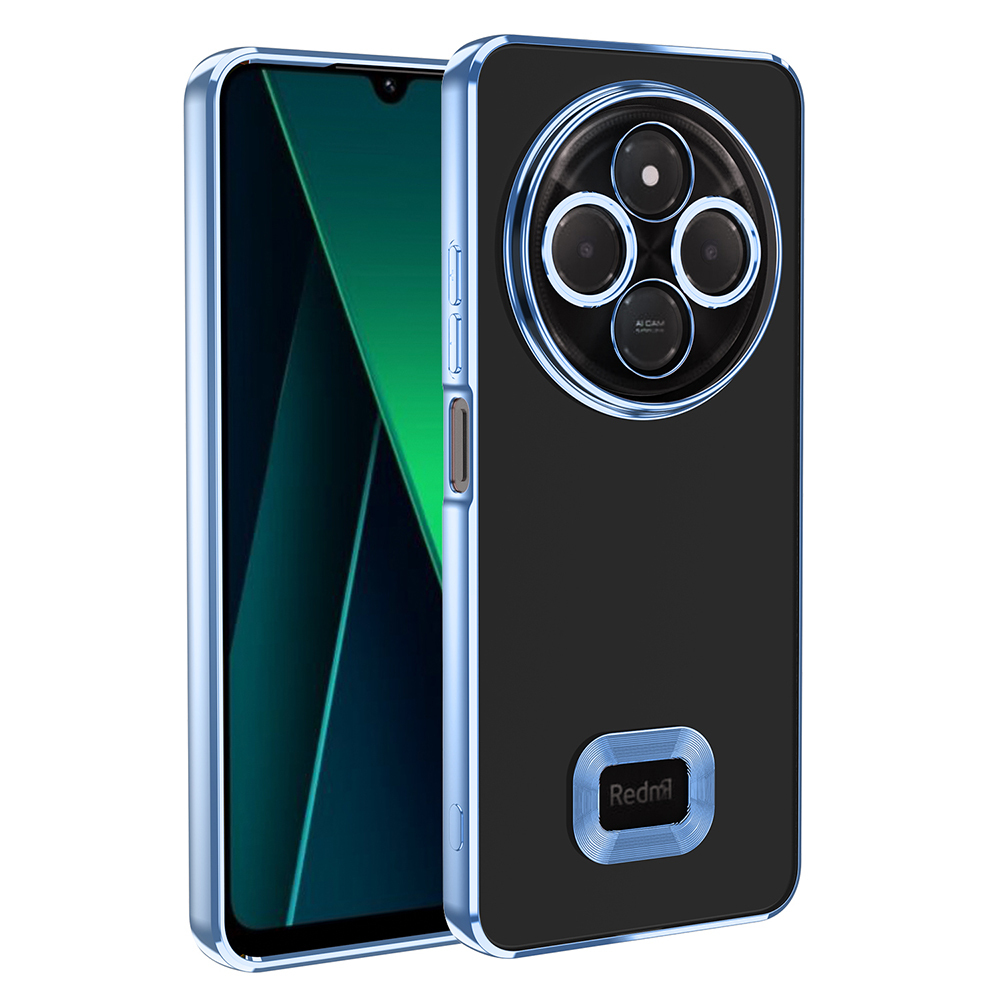 Mavi çerçeveli siyah bir telefon kılıfı. Bir kamera dizisine ve Redmi logosuna sahip.