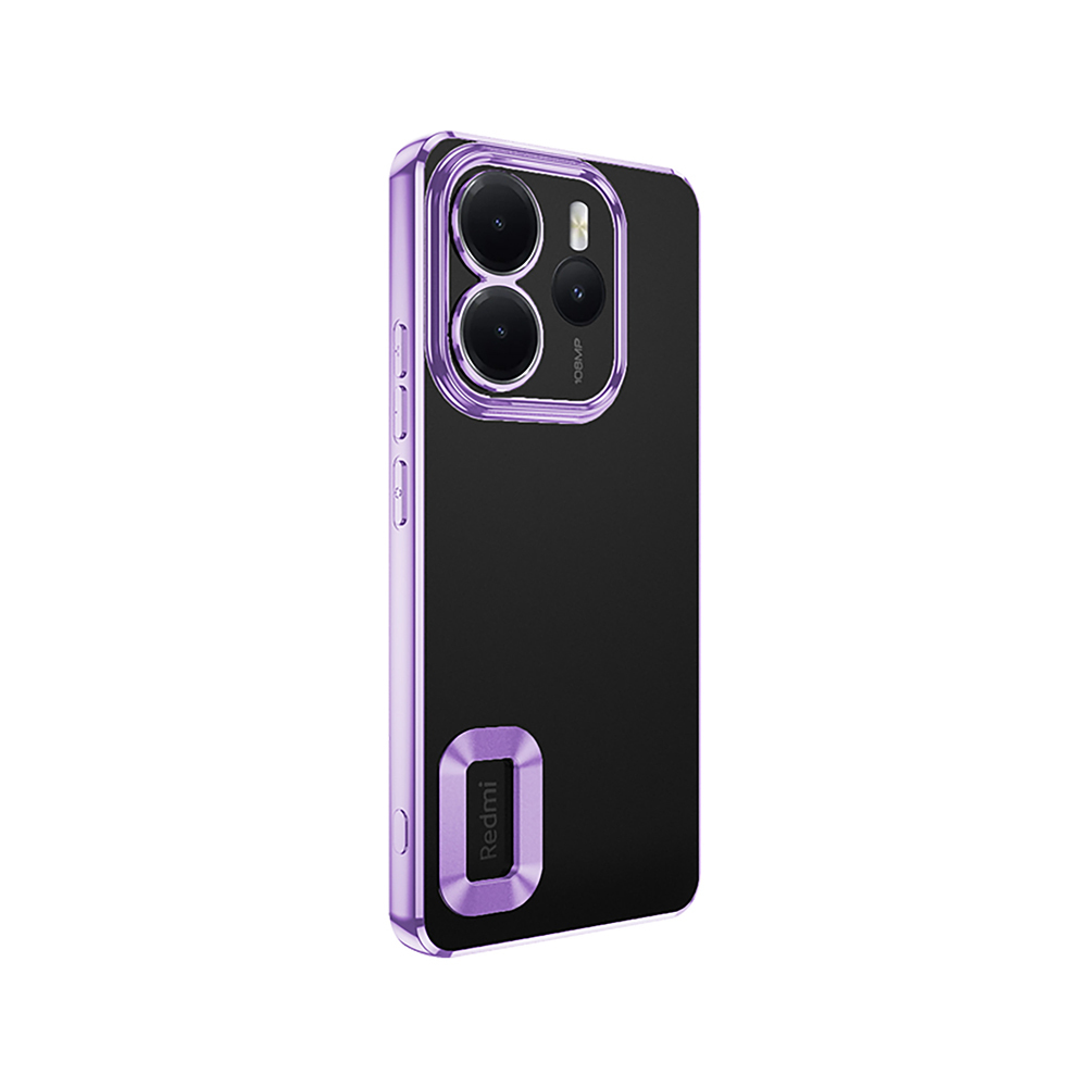 Mor bir kılıf içinde siyah bir akıllı telefon. Telefonun iki lensli ve flaşlı bir kamera modülü var. Redmi logosu görünür.