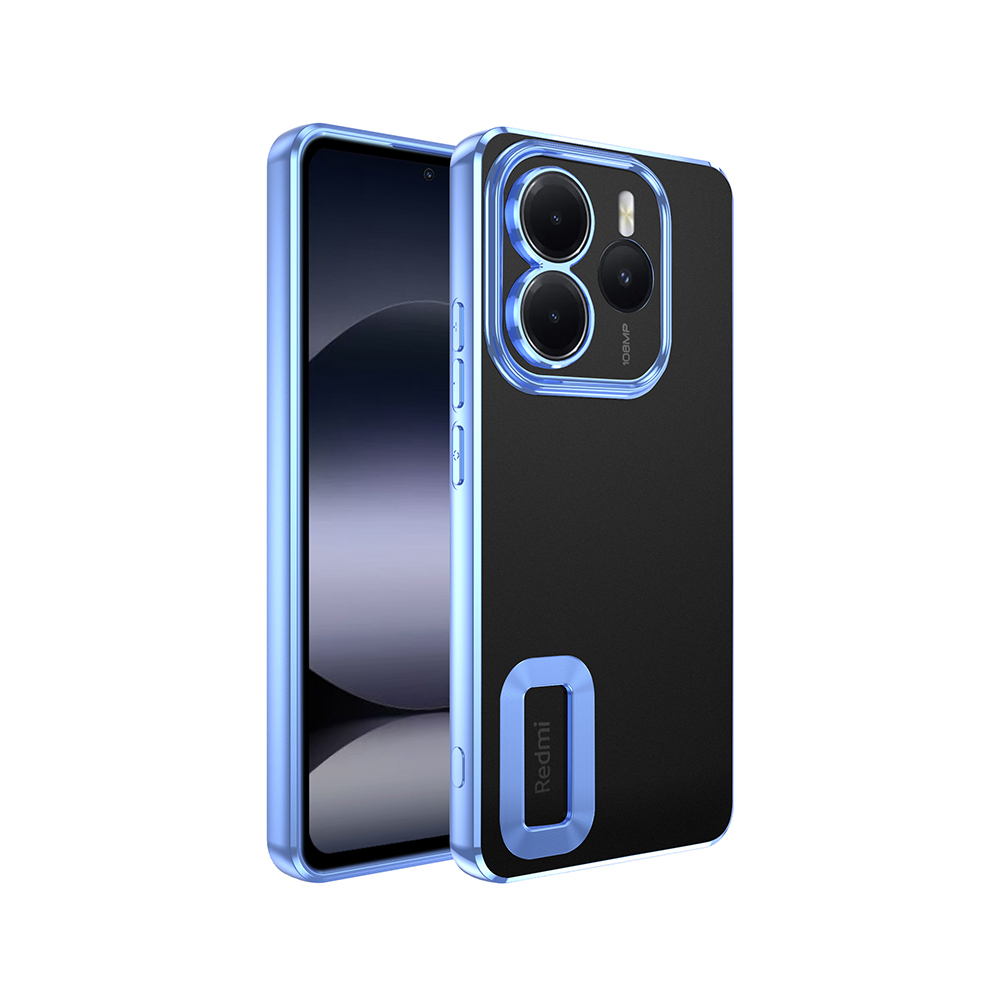 Mavi kenarlı siyah Redmi telefon kılıfı. Arkada üç kamera var. Telefon ekranı siyah.