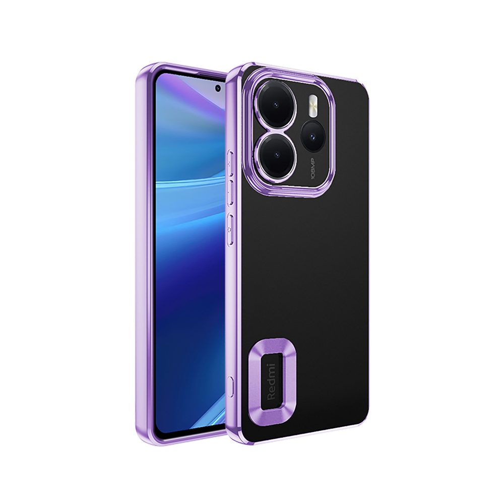 Mor çerçeveli bir kılıf içinde bir telefon. Kamera ve Redmi logosu ile siyah bir arka yüzü var. Ekran mavi bir degrade gösteriyor.