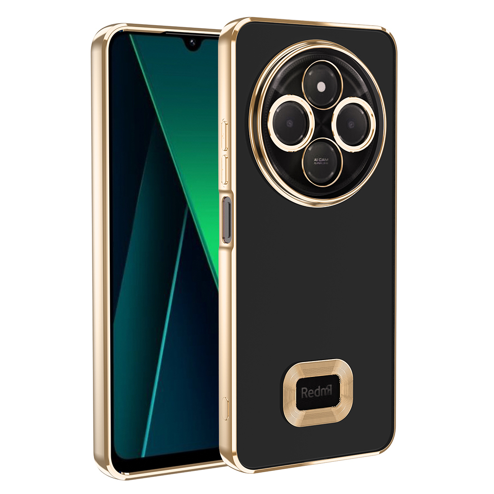 Altın renkli kenarlıklı siyah telefon kılıfı. Kamera lensleri ve Redmi logosu bulunur. Ekran yeşil ve mavi soyut bir tasarım gösterir.