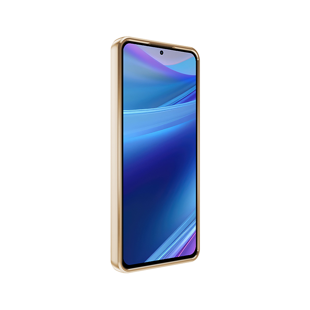 Mavi ve mor ekranlı altın rengi bir akıllı telefon. Telefon hafif açılı. Arka plan beyaz.