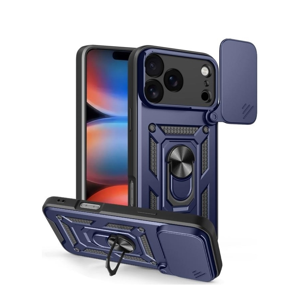 Halka standlı mavi bir telefon kılıfı. Bir akıllı telefonu koruyor. Kılıfın bir kamera kapağı var.