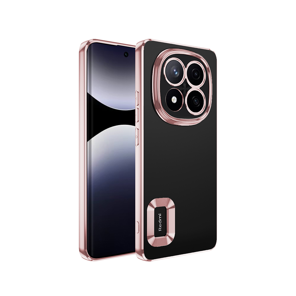 Siyah telefon kılıfı, pembe altın vurgularla. Kılıfın kamera çıkıntısı ve Redmi logosu var. Telefon ekranı solda görülebilir.