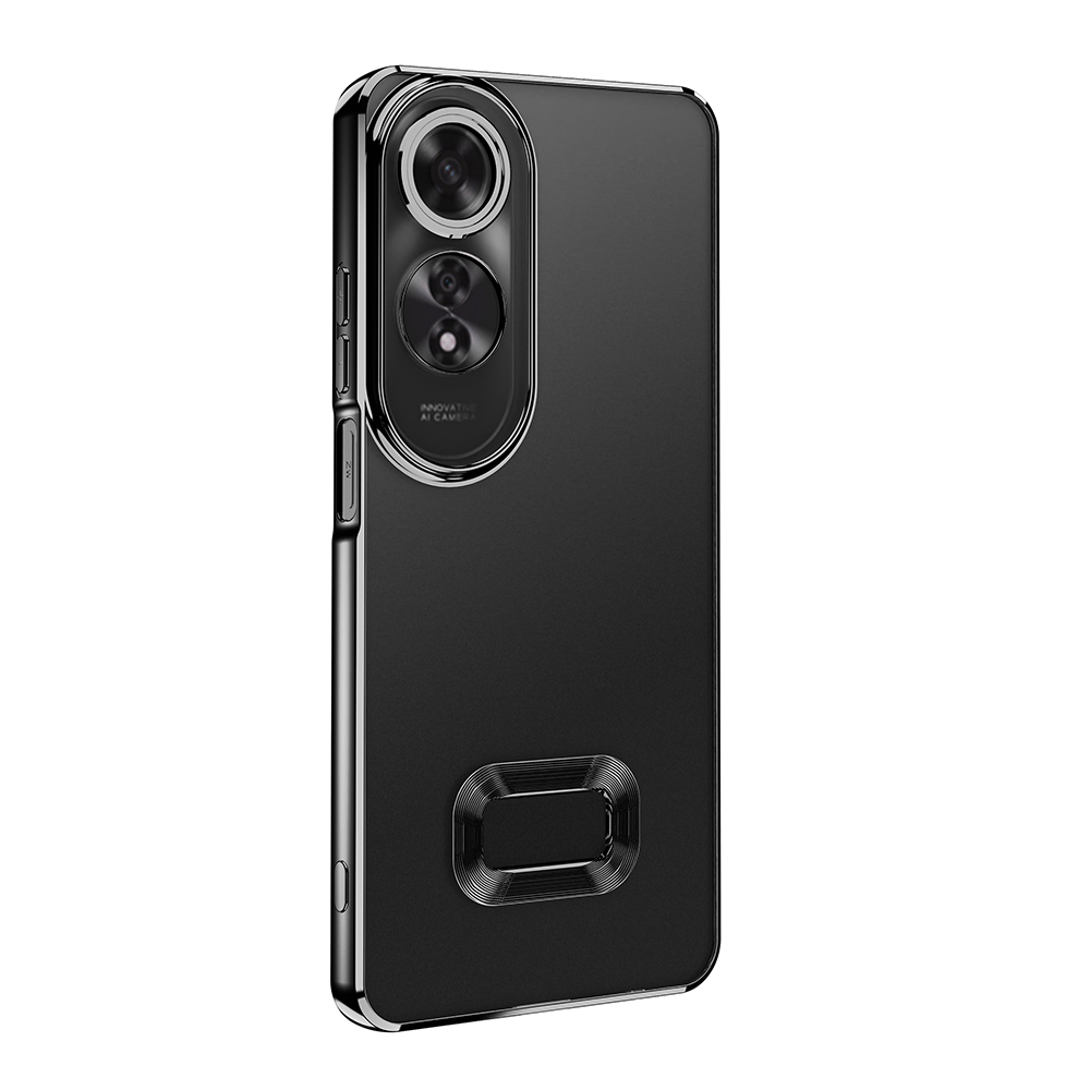 Kamera modülü, halka tutucu ve gümüş kenarlara sahip siyah akıllı telefon kılıfı. Telefonda iki kamera ve 'INNOVATIVE AI CAMERA' yazısı var.