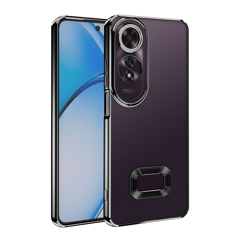 Şeffaf bir kılıf içinde mor bir akıllı telefon. Telefonun bir kamera modülü ve bir halka standı var. Ekran bulanık mavi bir görüntü gösteriyor.