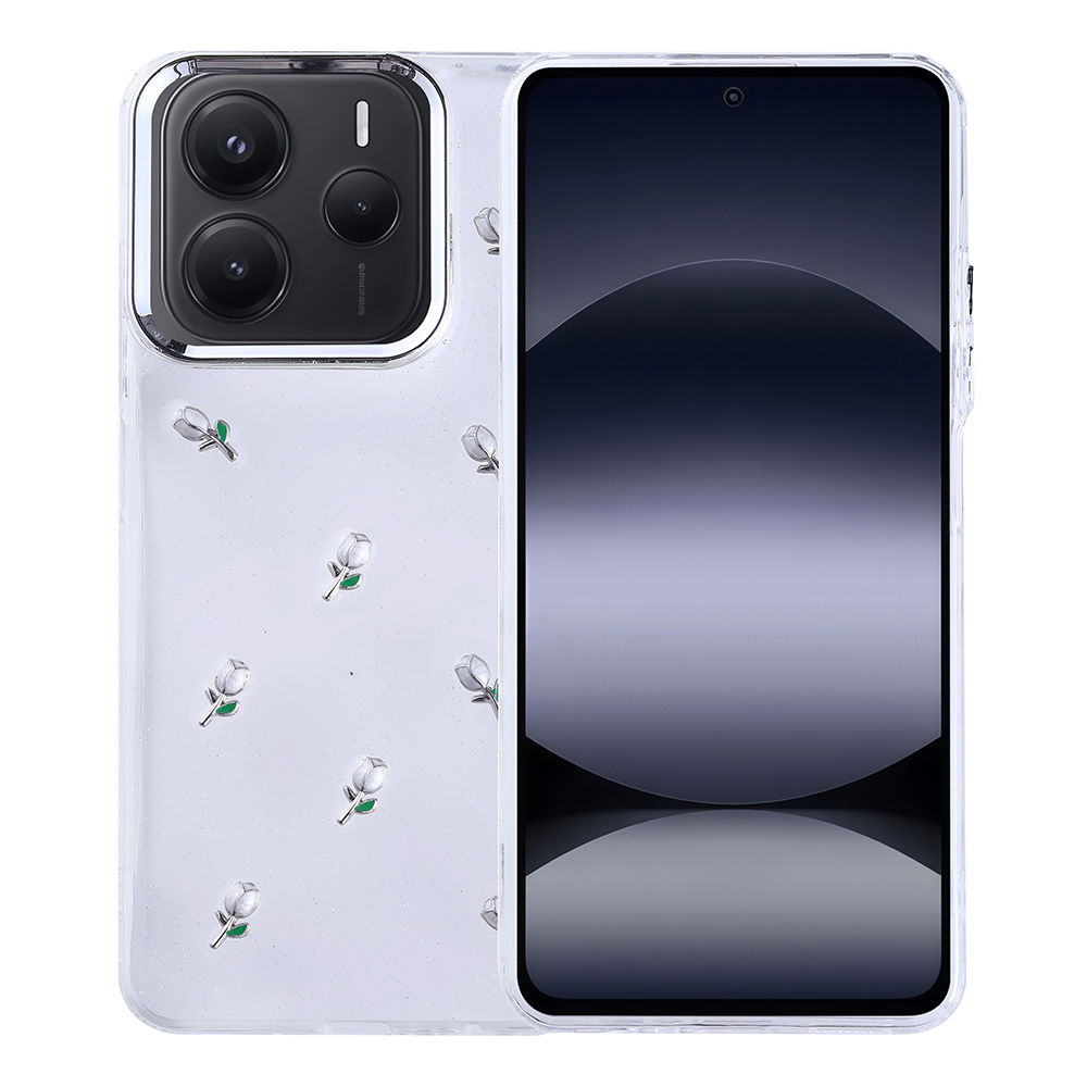 Beyaz çiçek desenli şeffaf telefon kılıfı. Sol tarafta telefon kamerası lensleri. Telefon ekranı siyah ve açık.