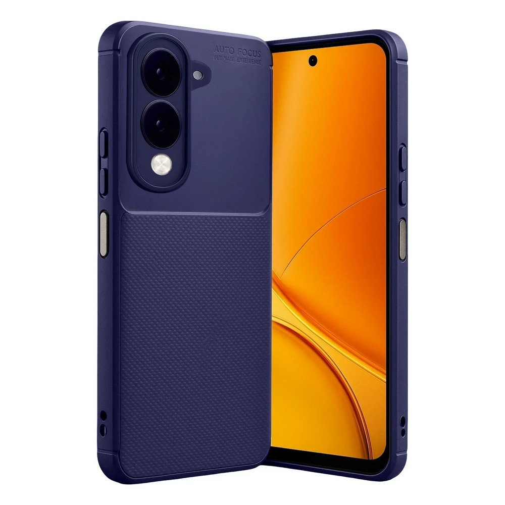 Lacivert bir telefon kılıfı, parlak turuncu bir telefon ekranıyla görüntüleniyor. Kılıfın alt yarısı dokulu.