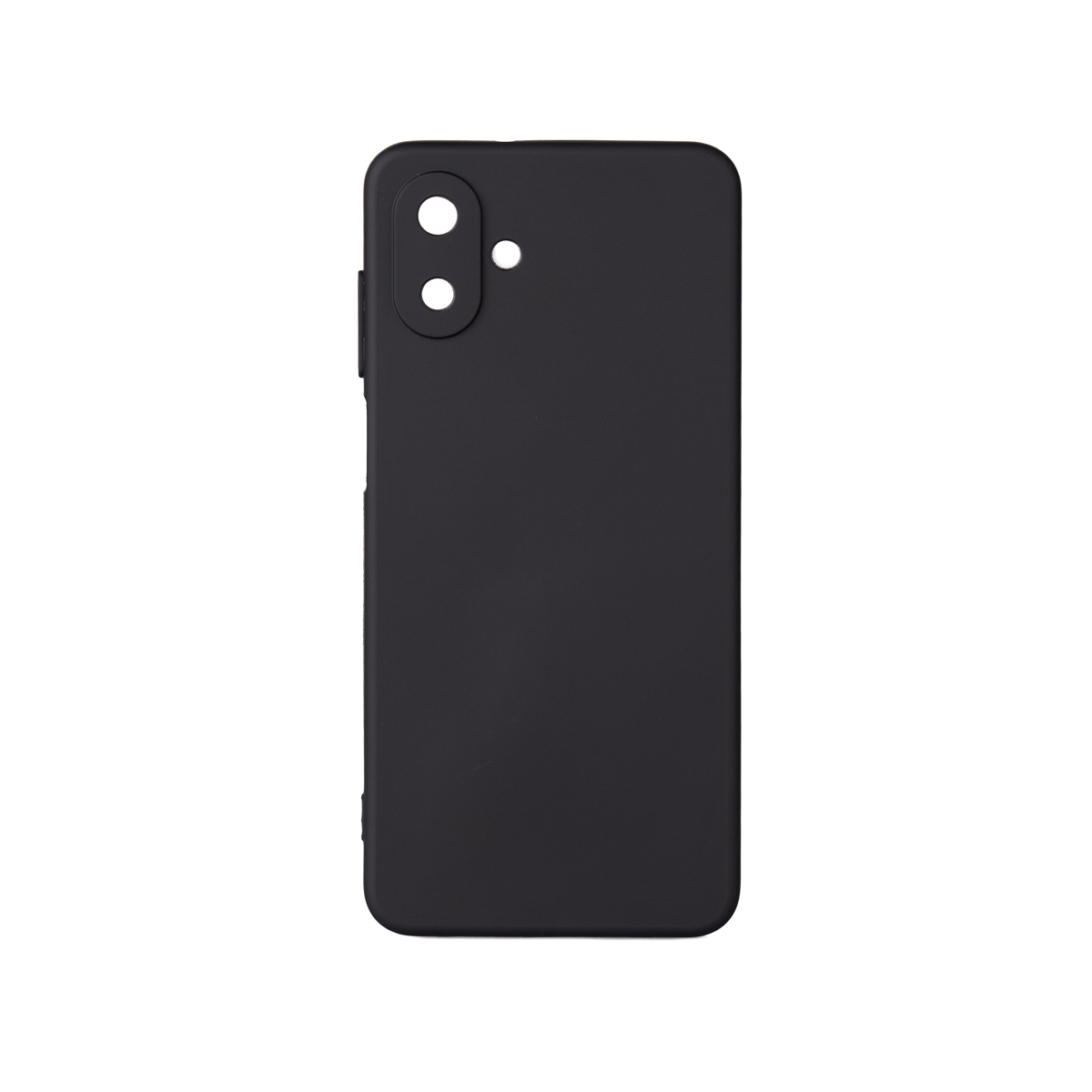 Kamera kesiklerine sahip siyah telefon kılıfı. Kılıf beyaz bir arka planda. Mat bir yüzeye ve pürüzsüz bir yüzeye sahip.