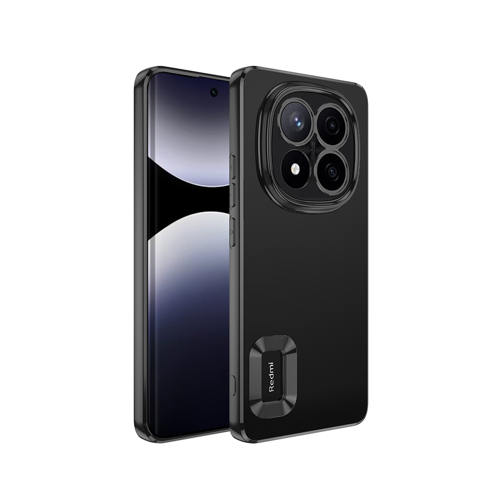 İçinde bir telefon bulunan siyah telefon kılıfı. Kılıfın kamera kesimi var. Redmi logosu görünür.