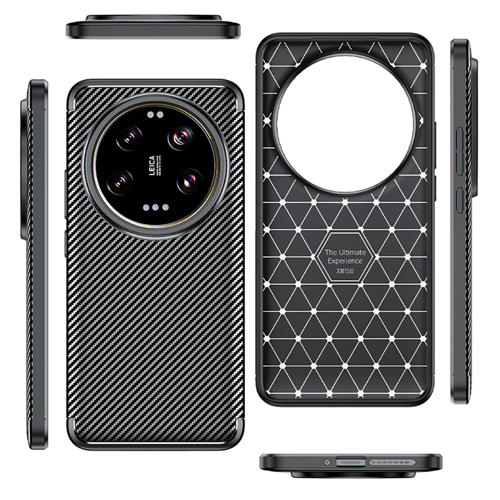 Siyah telefon kılıfı, karbon fiber tasarımı, kamera kesimi ile. Kılıfın diğer açıları gösterilmektedir.