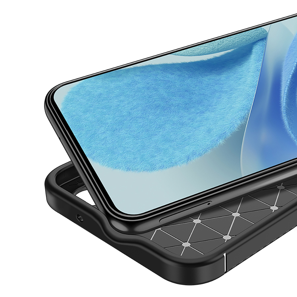 Siyah bir kılıf içinde bir akıllı telefon gösteriliyor. Ekran, açık mavi, kabarık bir doku gösteriyor. Kılıf geometrik bir desene sahip.