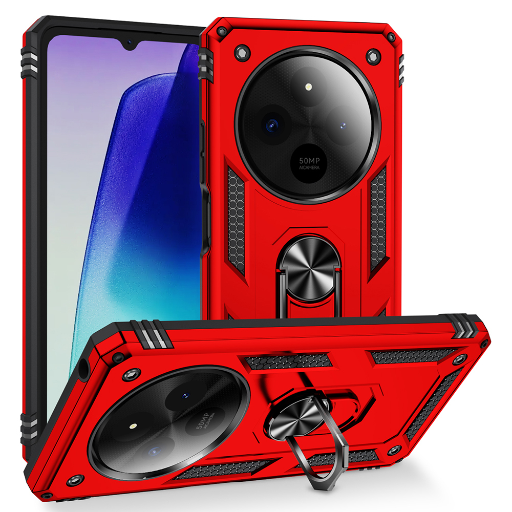 Siyah ekranlı ve stand halkalı kırmızı telefon kılıfı. Kılıfın kamera kesimi ve 50MP kamera etiketi var.