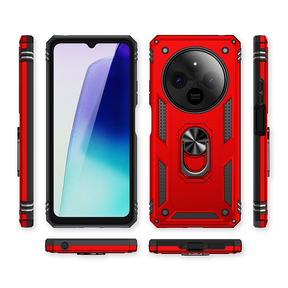 Siyah ekranlı kırmızı bir telefon kılıfı. Kılıfın bir halka tutucusu ve kamera detayı var. Çoklu görünümler kılıfın tasarımını gösteriyor.