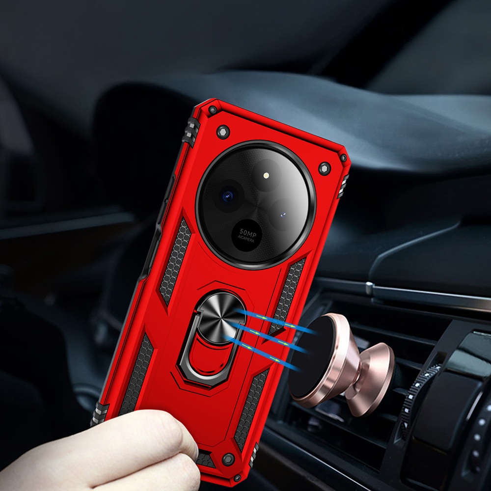 Manyetik bir araç tutucusuna takılı kırmızı bir telefon kılıfı. Telefondaki büyük bir kamera merceği ve bir halka tutucu. Tutucu bir arabanın içinde.