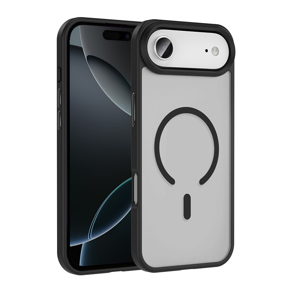 Siyah ve şeffaf bir telefon kılıfı içindeki iPhone. Kılıfın manyetik bir halkası ve kamera oyuğu var. Telefonun ekranı görünür durumda.