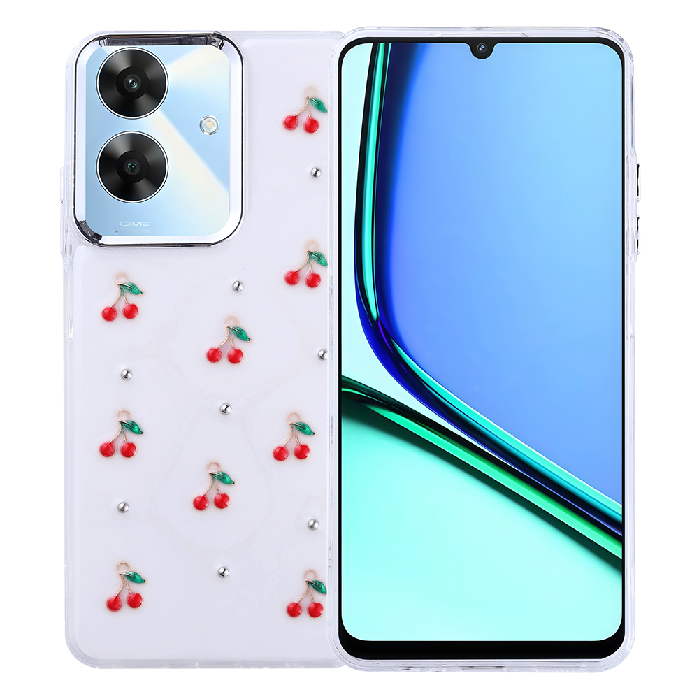 Kırmızı kiraz desenleri ve yapay elmaslarla süslenmiş şeffaf bir kılıf içinde bir akıllı telefon. Telefon beyaz ve mavi bir ekrana sahip.