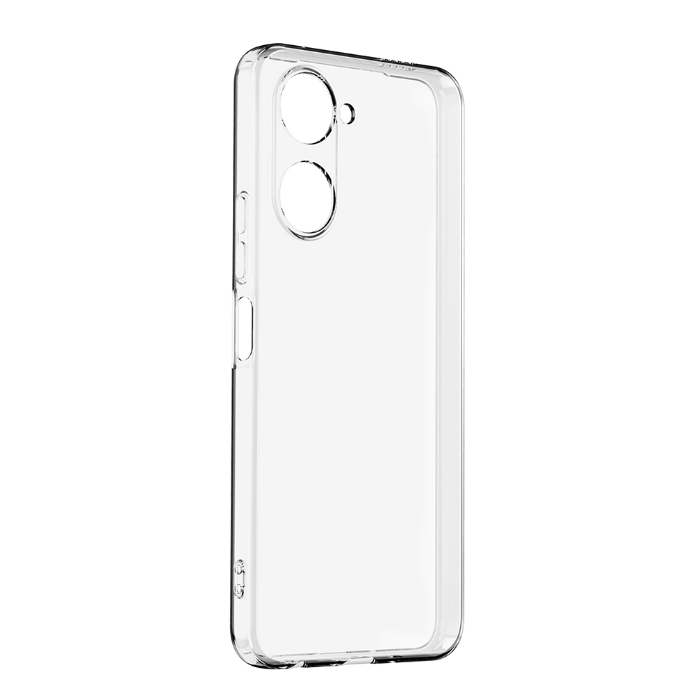 Şeffaf bir telefon kılıfı. Kamera ve düğmeler için açıklıkları var. Kılıf şeffaf plastikten yapılmıştır.