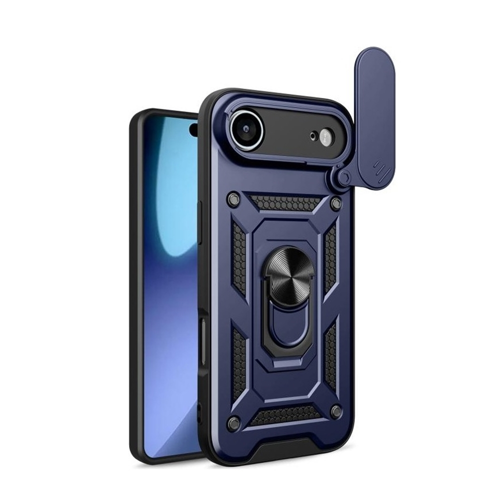 Mavi bir telefon kılıfı, halka tutucu ve kamera kapağı ile solda kısmen görülebilen bir telefona takılıdır.