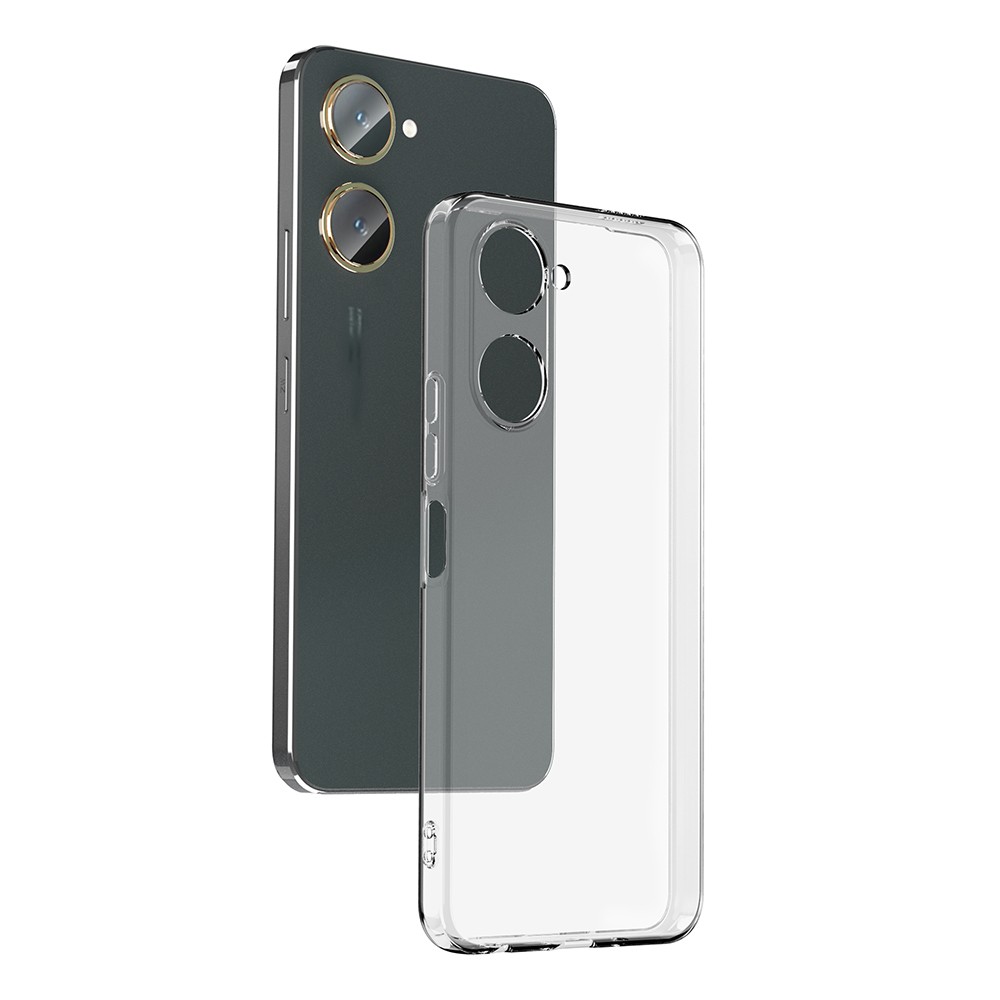 Koyu yeşil bir akıllı telefon ve şeffaf bir telefon kılıfı sergileniyor. Telefonda iki kamera merceği var ve kılıf telefonun üzerinde.