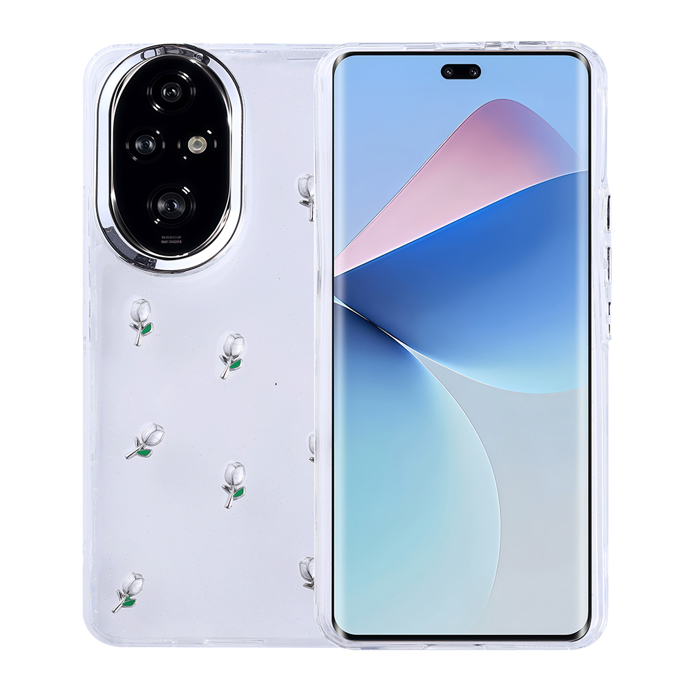 Beyaz çiçek tasarımlı şeffaf bir telefon kılıfı. Telefon ekranı renkli, soyut bir tasarım gösteriyor.