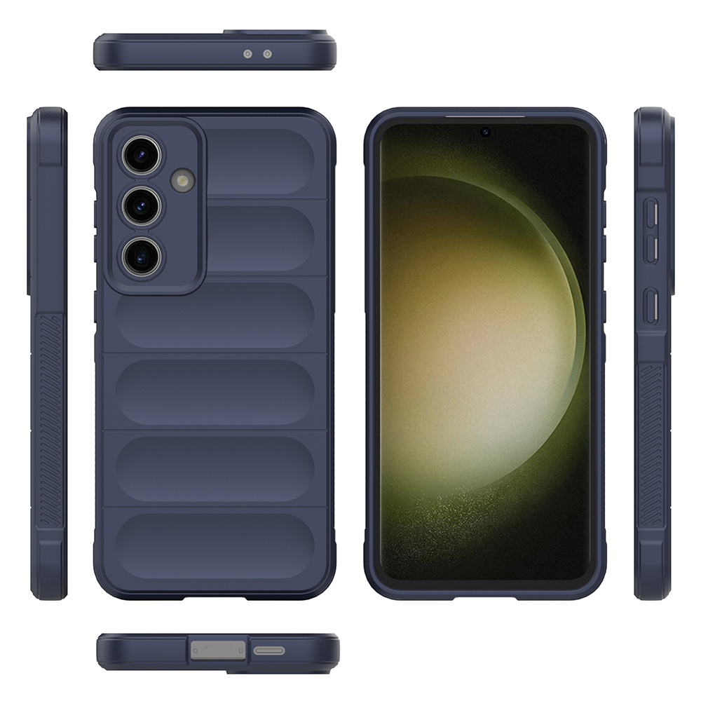 Koyu mavi bir telefon kılıfı, ön, arka ve yanları göstererek çeşitli açılardan sergileniyor. Dokulu bir tasarıma sahip.