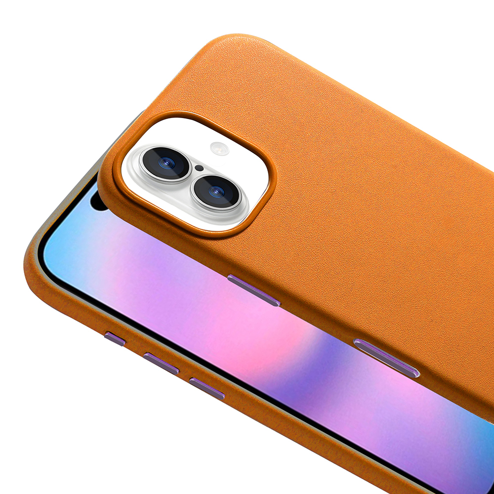 Turuncu bir telefon kılıfı kısmen bir telefon ekranını kaplar. Kılıfın kamera oyukları ve ses düğmeleri vardır. Ekran pembe/mavi renkler gösteriyor.