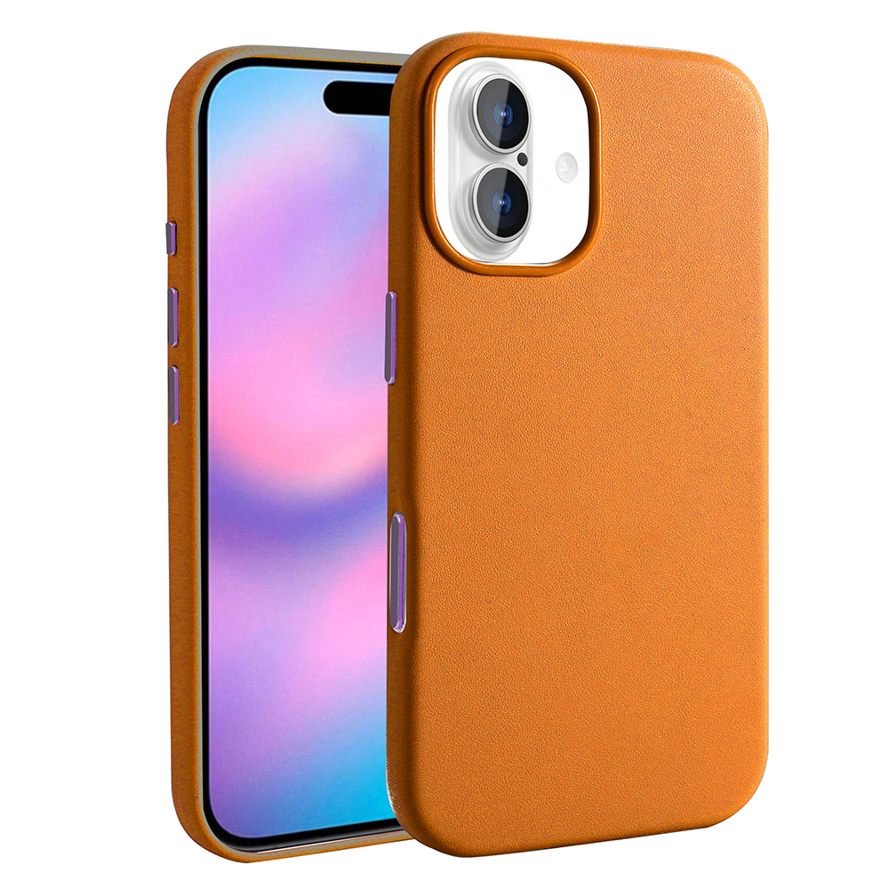 Turuncu bir telefon kılıfı, bir akıllı telefonun yanında. Telefon pembe ve mor bir ekran gösteriyor. Kılıfın kamera çıkıntısı var.