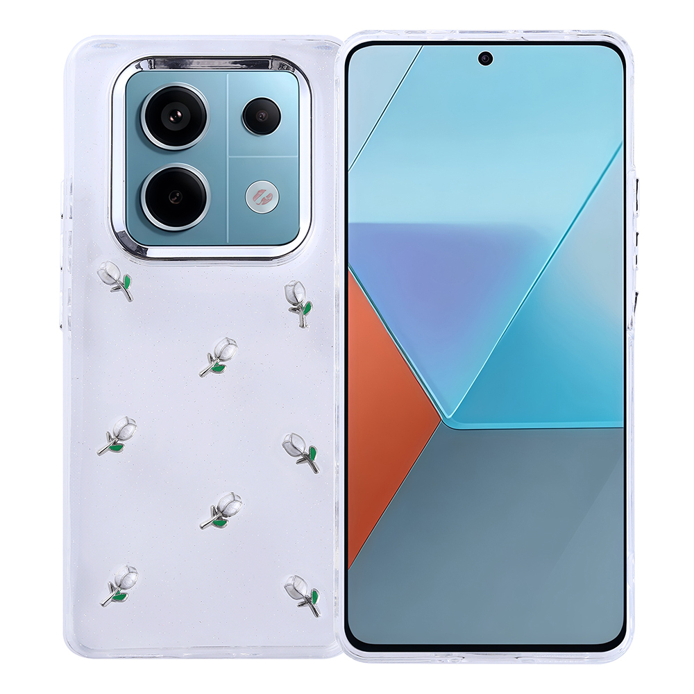 Küçük beyaz gül desenleriyle süslenmiş şeffaf bir kılıfı olan bir telefon. Ekran mavi ve turuncu geometrik şekiller gösteriyor.