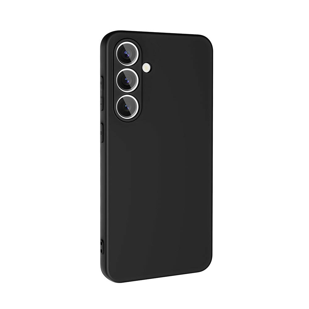 Üç kamera lensi ve flaşı olan siyah bir telefon kılıfı. Kılıf, yan taraflarında düğmeler bulunan bir Samsung telefon içindir.