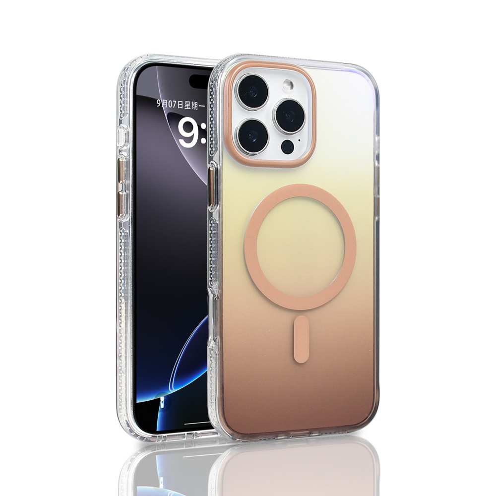 Degrade kılıf içinde bir iPhone. Kılıf şeffaf, arkada bir daire ve bir çubuk var ve telefon ekranı görünüyor.