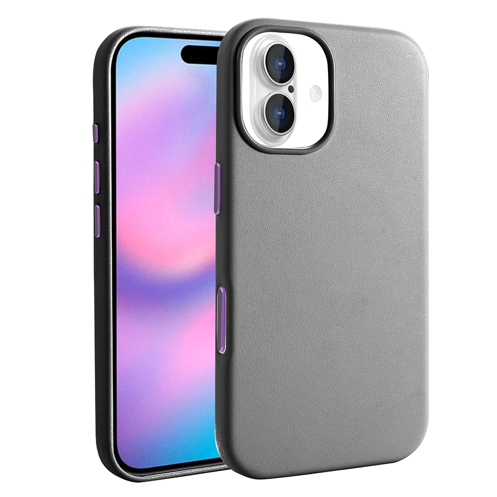 Siyah çerçeveli gri bir telefon kılıfı sağda, pembe ve mor ekranlı bir telefon solda.