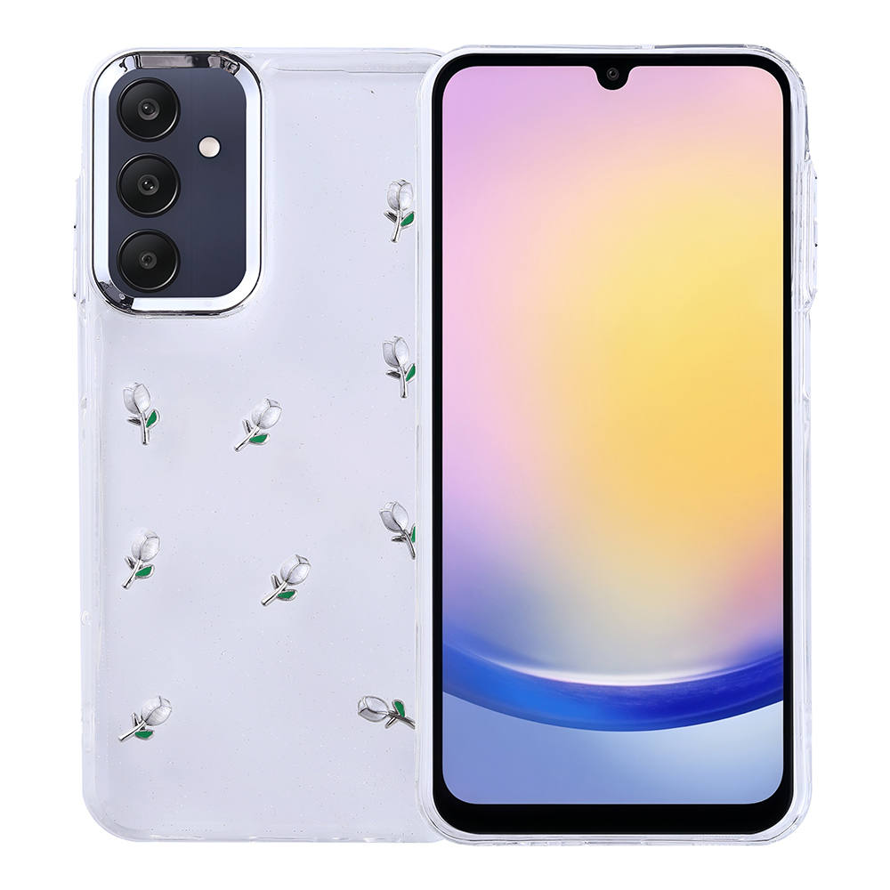 Küçük beyaz çiçek desenli şeffaf bir telefon kılıfı. Sağda, renkli bir ekranı olan bir telefon görülüyor.