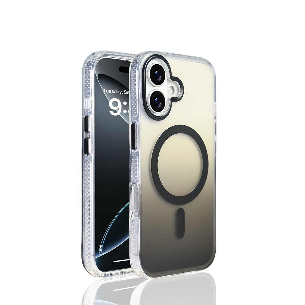 Ekranı ve kamerayı gösteren şeffaf bir kılıf içinde bir iPhone. Kılıfın arkasında siyah bir daire ve küçük bir çizgi var.