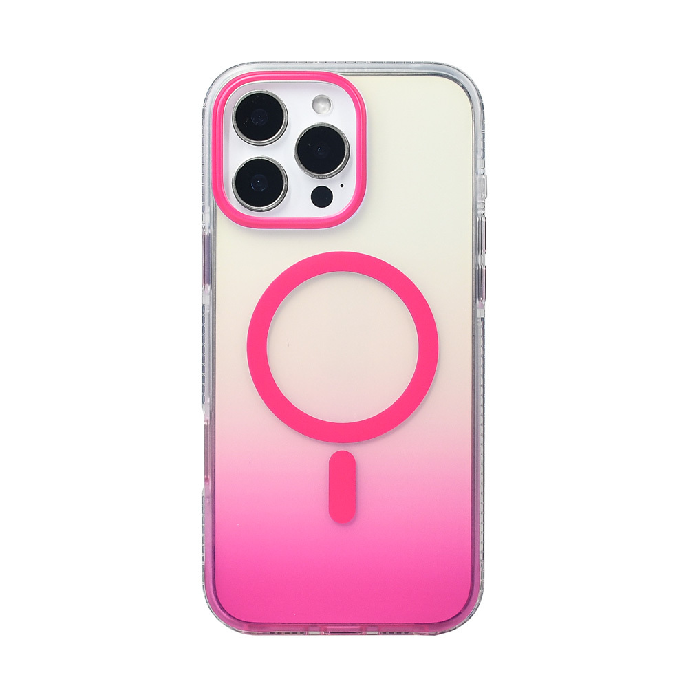 Pembe degradeye sahip şeffaf bir iPhone kılıfı. Pembe bir kamera halkası ve bir MagSafe çemberi ve çubuğu var. Beyaz zemin.