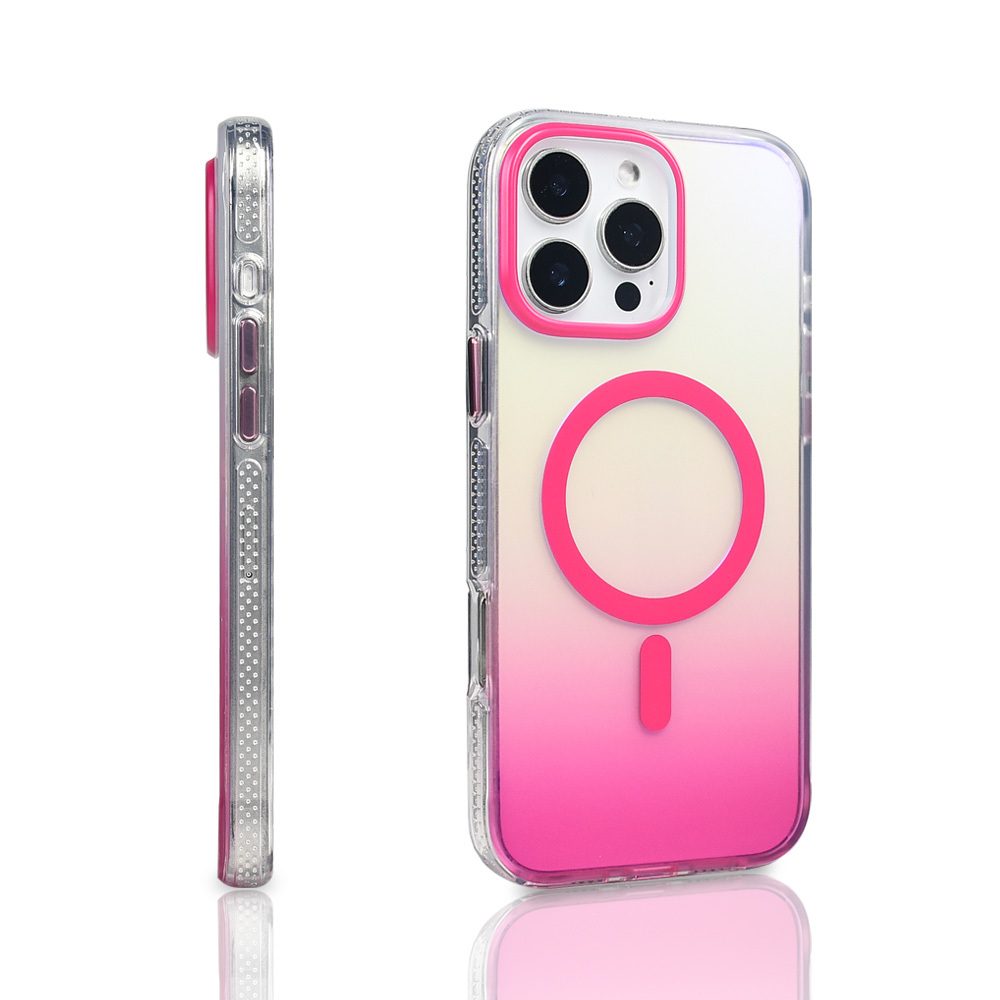 Pembe degradeye sahip şeffaf telefon kılıfı. Arkasında pembe bir halka ve küçük bir dikdörtgen var. Yan tarafında pembe düğmeler var.