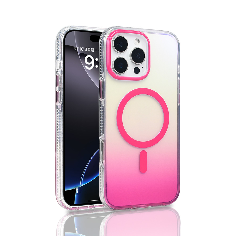 Pembe gradyanlı bir iPhone kılıfı. Şeffaf bir kenara ve arkada pembe bir daireye sahiptir. Telefonun ekranı görülebilir.