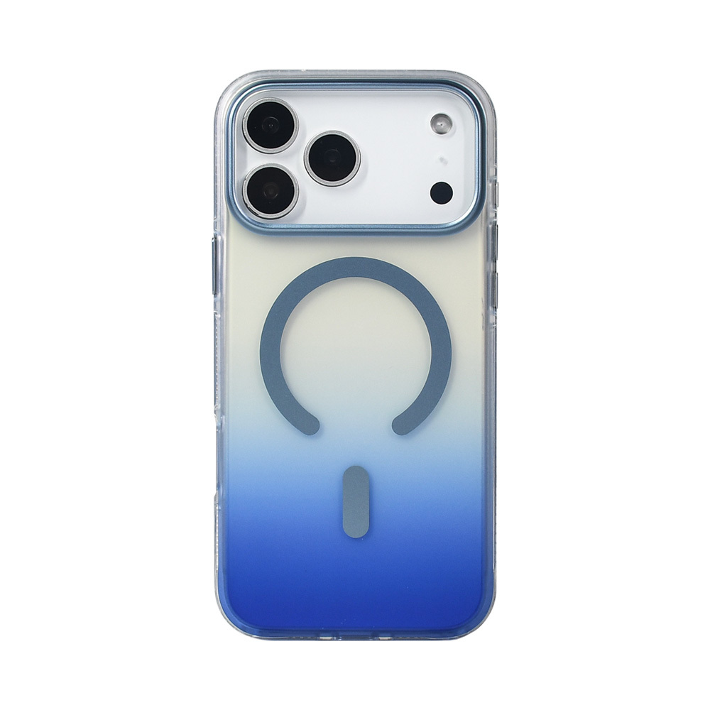 Mavi degrade kılıf içinde bir iPhone. Kılıfın manyetik halkası var. Kamera ve flaş görünür durumda.