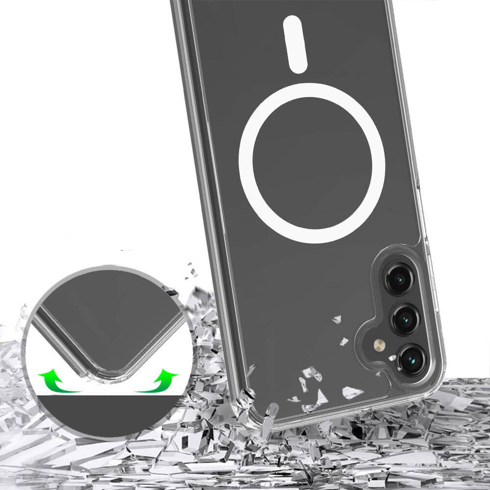 Beyaz bir daire ve çizgiye sahip bir telefon kılıfı. Kılıf, siyah bir arka planla şeffaftır. Kırık cam efekti var.