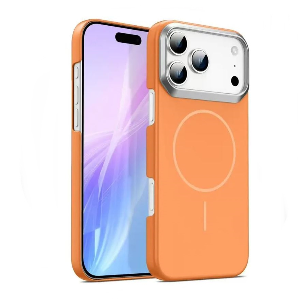 Gümüş kamera çerçevesi ve MagSafe halkası olan turuncu bir telefon kılıfı, yanında mavi ve mor ekranlı bir telefon.