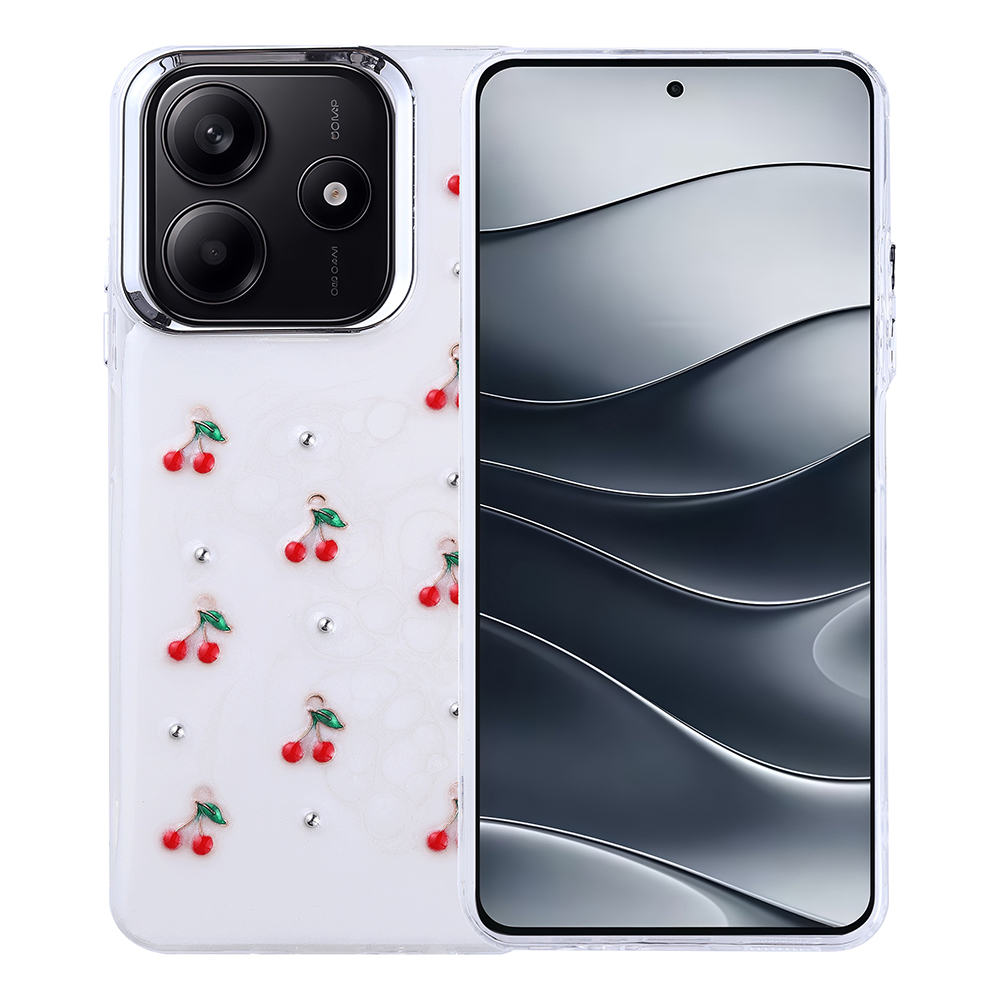 Kiraz ve yapay elmaslı bir telefon kılıfı. Telefon ekranı görülebilir. Arka plan desenli beyaz.