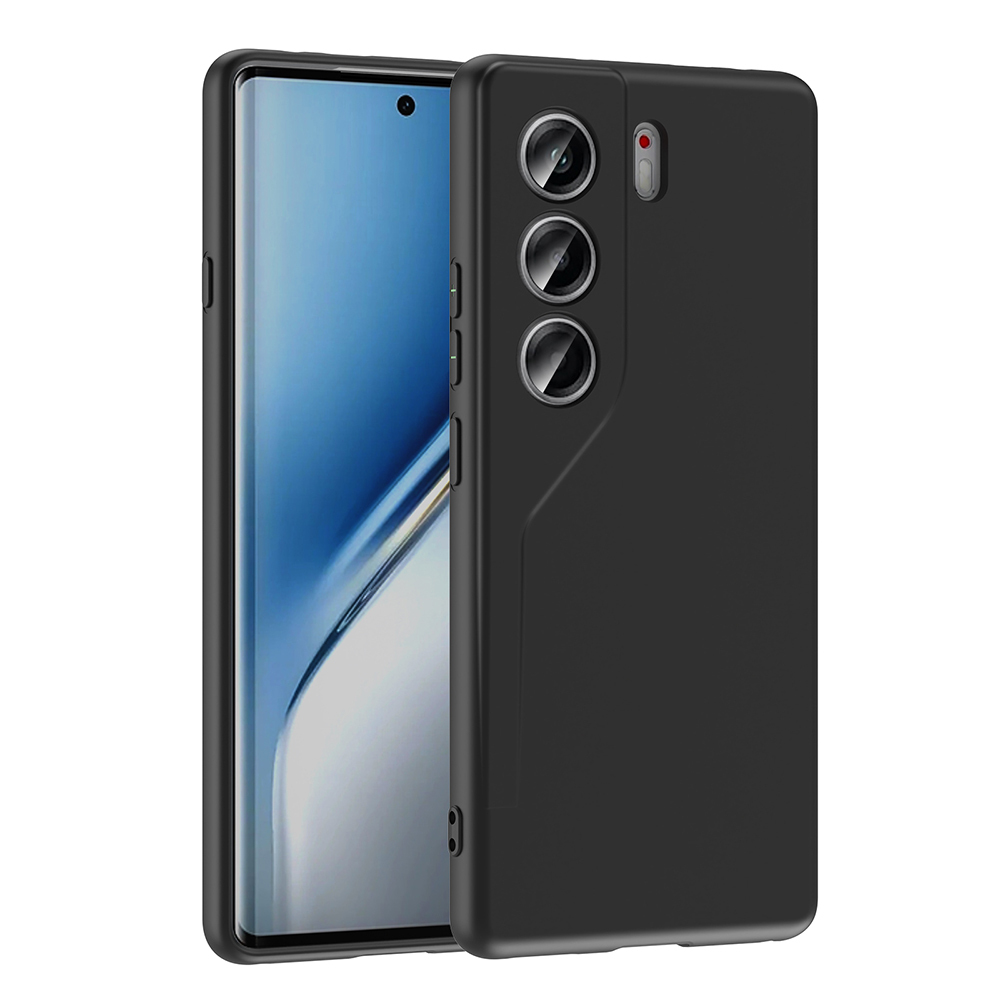 Siyah bir akıllı telefon, siyah bir kılıfın içinde. Telefonun ekranı ve üç kamerası var. Kılıf telefonun sağ tarafında.