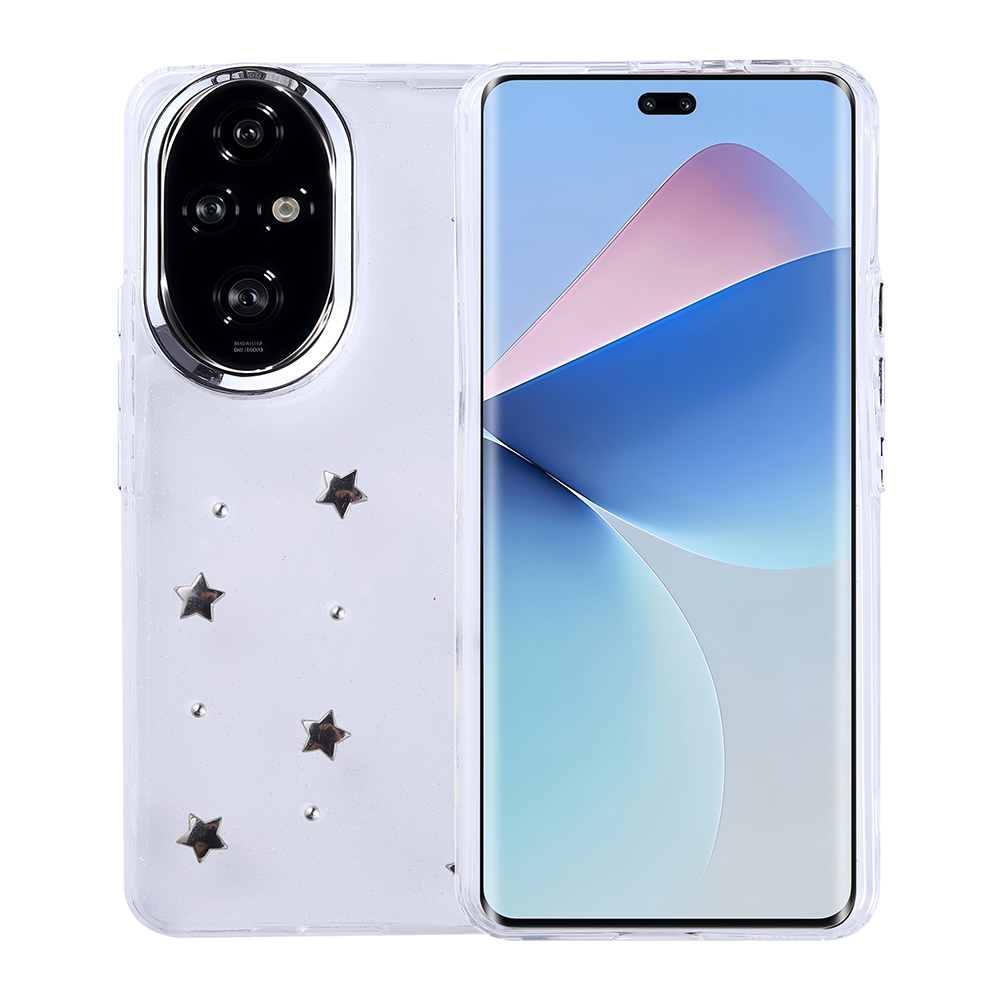 Yıldızlı şeffaf telefon kılıfı. Ekran mavi ve pembe soyut şekiller gösteriyor. Kamera modüllü bir kılıf görünüyor.